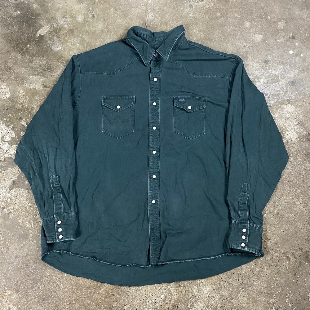 Vintage 90s Wrangler Peal Snap Western Shirt Size 3XL Green Canvas Brushpopper